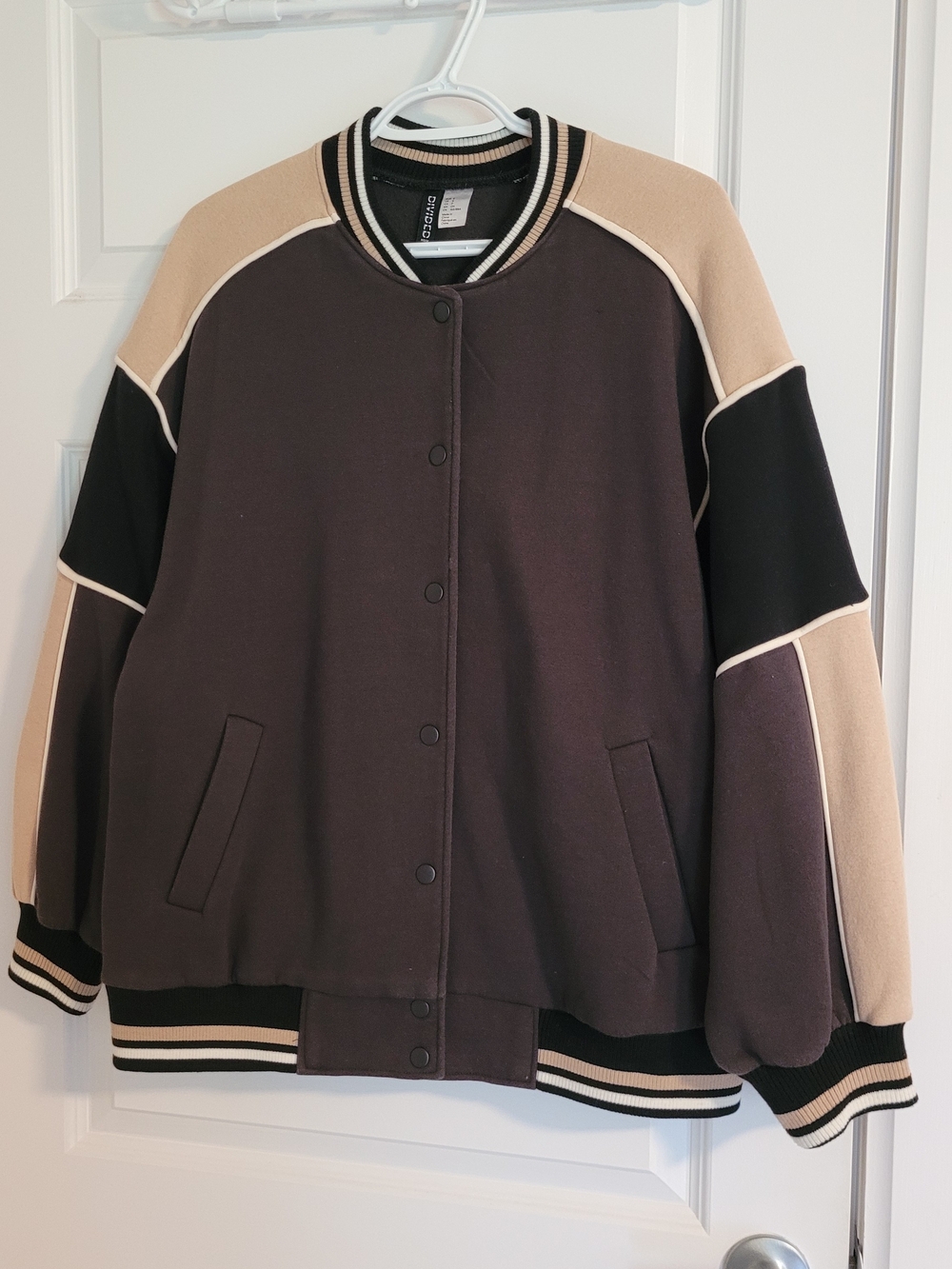 Divided Colorblock Varsity Jacket in Black & Tan & Brown